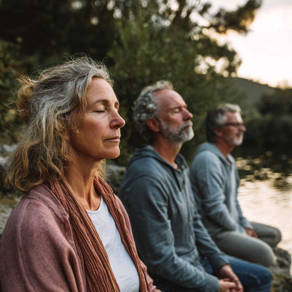 Middle-aged adults practicing mindful meditation in serene natural setting
