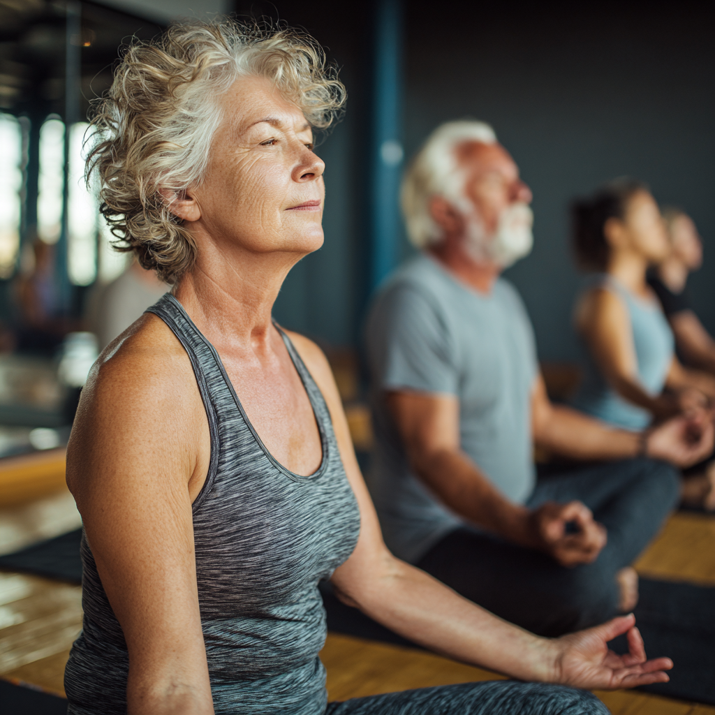 Older adults practicing gentle yoga poses in peaceful studio environment